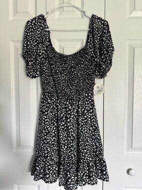 Altar'd State Black & White Smocked Puff-Sleeve Mini Dress NWT